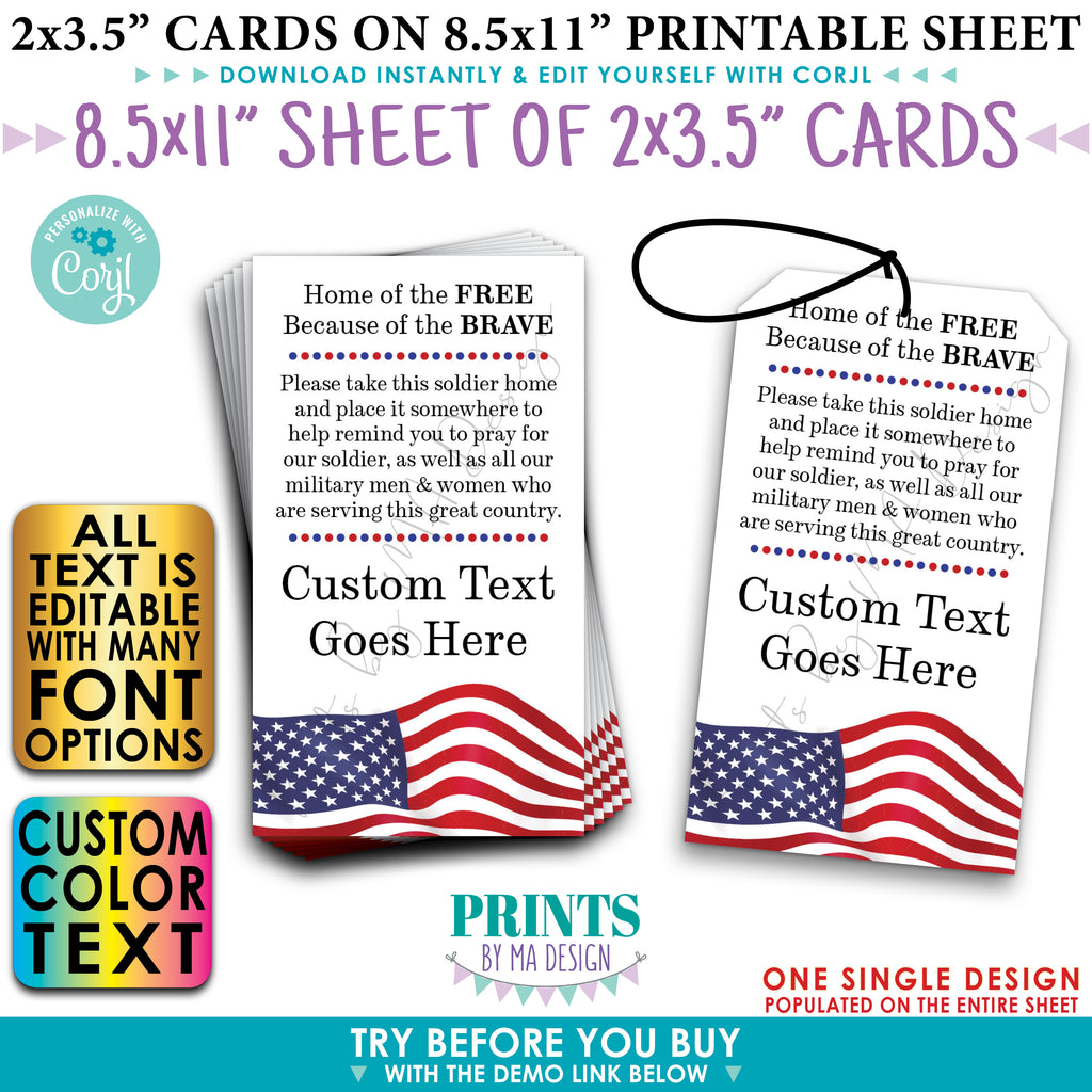 Please Pray for Our Soldier Tags/Cards, US Military Boot Camp Send-off, Take a Soldier, PRINTABLE 2x3.5" Cards  (Edit Yourself with Corjl)