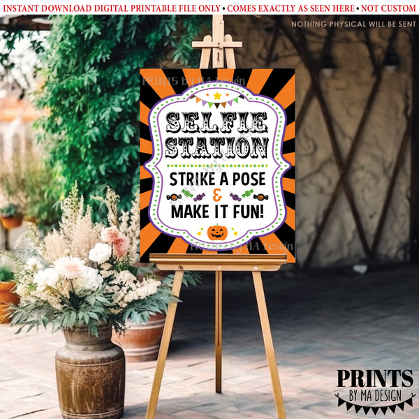 Halloween Selfie Station Sign, Carnival Theme Halloween Party, Circus, Strike a Pose & Make it Fun, PRINTABLE 8x10/16x20” Photo Sign, Instant Download Digital Printable File