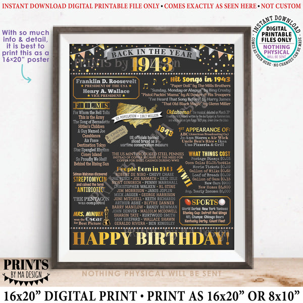 Back in the Year 1943 Birthday Sign, Flashback to 1943 Poster Board, ‘43 B-day Gift, Bday Decoration, PRINTABLE 16x20” Sign, Instant Download Digital Printable File