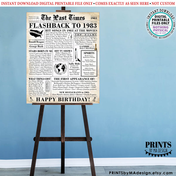 Flashback to 1983 Newspaper, Back in the Year '83 B-day Gift, Bday Party Decoration, PRINTABLE 16x20” 1983 Birthday Sign, Old Newsprint, Newspaper Style, Instant Download Digital Printable File