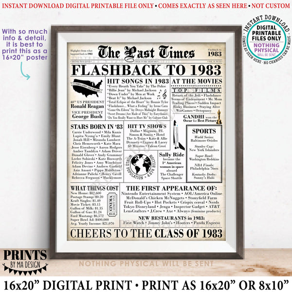 Flashback to 1983 Newspaper, Back in the Year 1983 Class Reunion Decoration, PRINTABLE 16x20” Class of ’83 Sign, Old Newsprint, Newspaper Style, Instant Download Digital Printable File