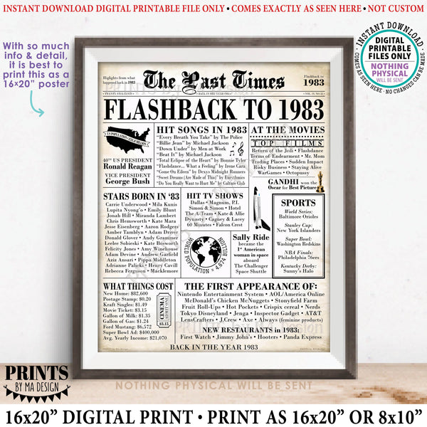 Flashback to 1983 Newspaper, Back in the Year '83 USA History from 1983 Party Decoration or Gift, PRINTABLE 16x20” Sign, Old Newsprint, Newspaper Style, Instant Download Digital Printable File