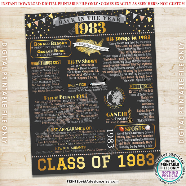 Class of 1983 Reunion Decoration, Back in the Year 1983 Poster Board, Flashback to 1983 High School Reunion, PRINTABLE 16x20” Sign, Instant Download Digital Printable File