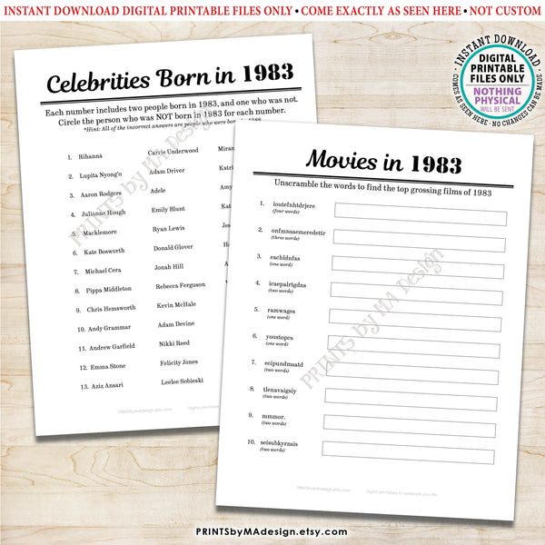 1983 Party Games, Back in the Year 1983 Trivia, Flashback to '83 Games Bundle, Birthday Anniversary Reunion, 5 PRINTABLE 8.5x11" Games