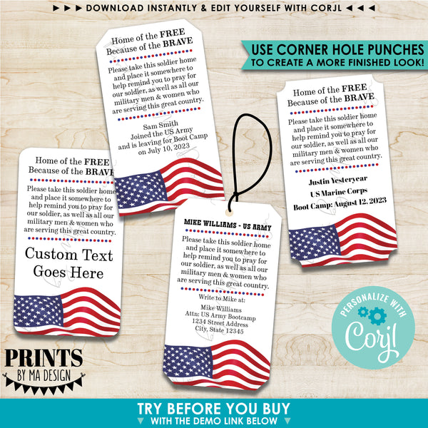 Please Pray for Our Soldier Tags/Cards, US Military Boot Camp Send-off, Take a Soldier, PRINTABLE 2x3.5" Cards  (Edit Yourself with Corjl)