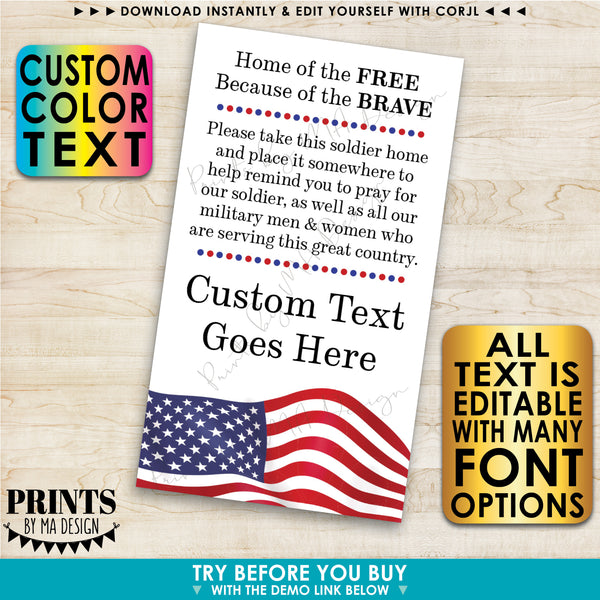 Please Pray for Our Soldier Tags/Cards, US Military Boot Camp Send-off, Take a Soldier, PRINTABLE 2x3.5" Cards  (Edit Yourself with Corjl)