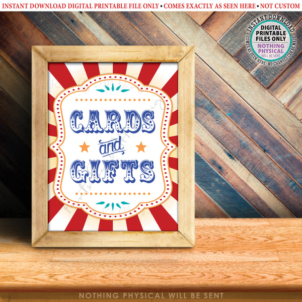 Cards and Gifts Sign, Cards & Gifts Carnival Theme Party, Gift Table Display, Circus Birthday Ideas, PRINTABLE 8x10/16x20” Circus Sign, Instant Download Digital Printable File