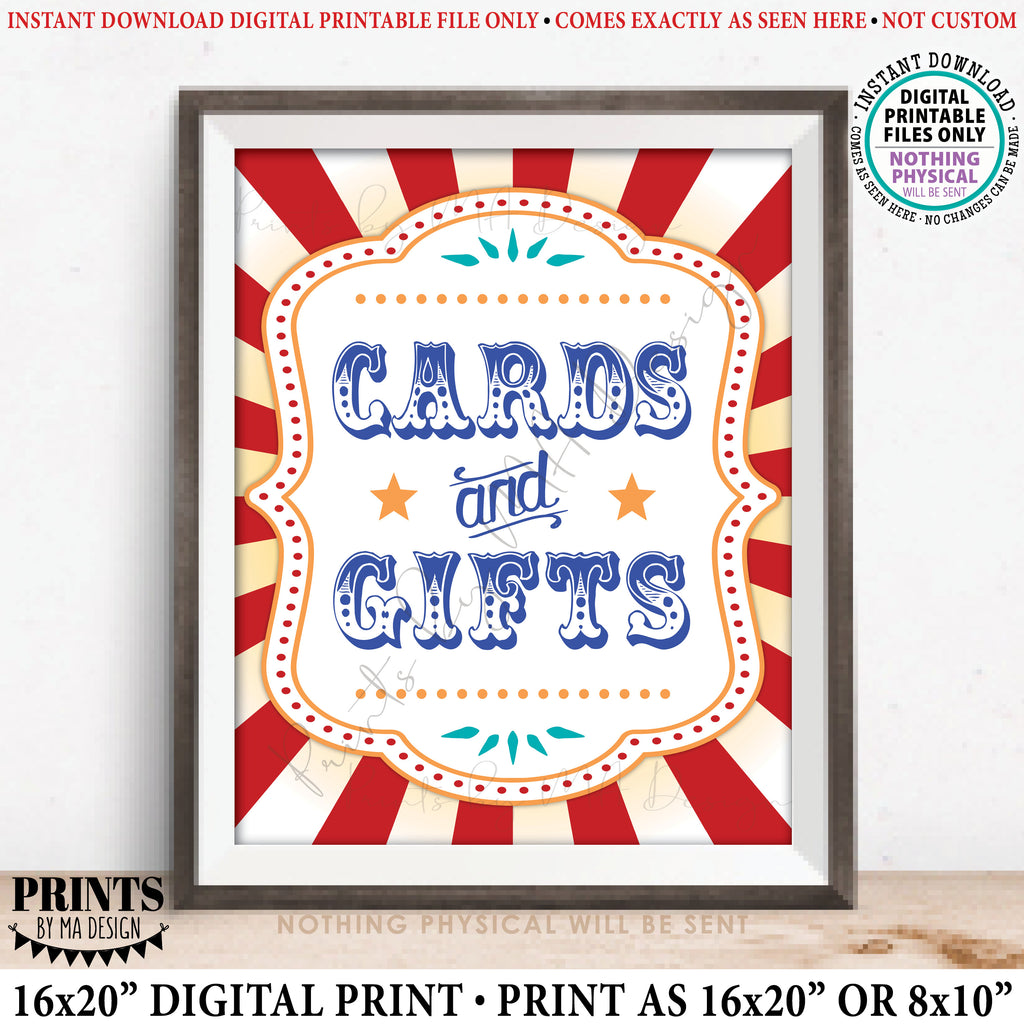 Cards and Gifts Sign, Cards & Gifts Carnival Theme Party, Gift Table Display, Circus Birthday Ideas, PRINTABLE 8x10/16x20” Circus Sign, Instant Download Digital Printable File