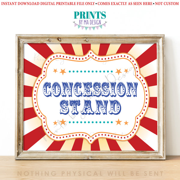 Carnival Party Concession Stand Sign, Concessions Carnival Sign, Circus Food, Snacks, Treats, Candy, Drinks, PRINTABLE 8x10/16x20” Sign, Instant Download Digital Printable File