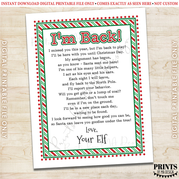 Welcome Back Letter to Kids from their Christmas Elf, Santa's Elf Hello Letter, I'm Back, Elf has Returned, Instant Download PRINTABLE 8.5x11” Sign