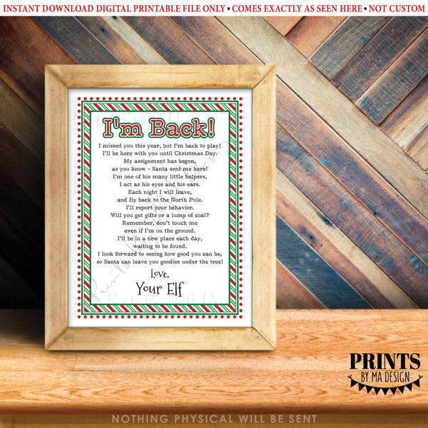 Welcome Back Letter to Kids from their Christmas Elf, Santa's Elf Hello Letter, I'm Back, Elf has Returned, Instant Download PRINTABLE 8.5x11” Sign