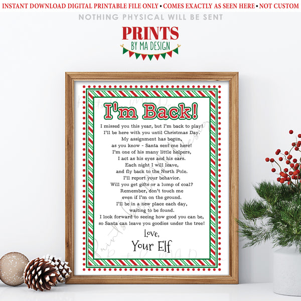 Welcome Back Letter to Kids from their Christmas Elf, Santa's Elf Hello Letter, I'm Back, Elf has Returned, Instant Download PRINTABLE 8.5x11” Sign