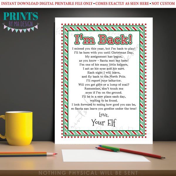 Welcome Back Letter to Kids from their Christmas Elf, Santa's Elf Hello Letter, I'm Back, Elf has Returned, Instant Download PRINTABLE 8.5x11” Sign