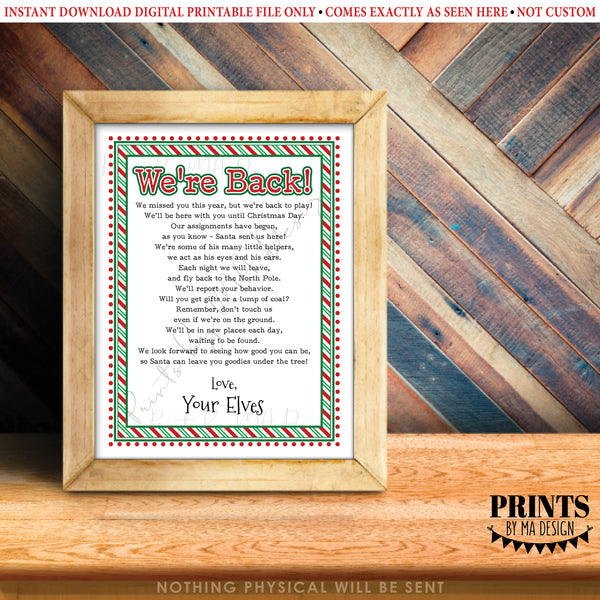 Welcome Back Letter to Kids from their Christmas Elves, We're Back Elf Letter, Santa's Elves have Returned, Instant Download PRINTABLE 8.5x11” Sign