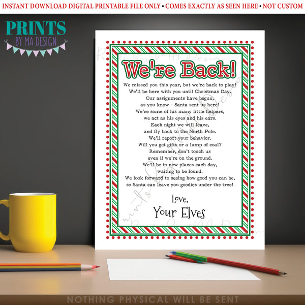 Welcome Back Letter to Kids from their Christmas Elves, We're Back Elf Letter, Santa's Elves have Returned, Instant Download PRINTABLE 8.5x11” Sign