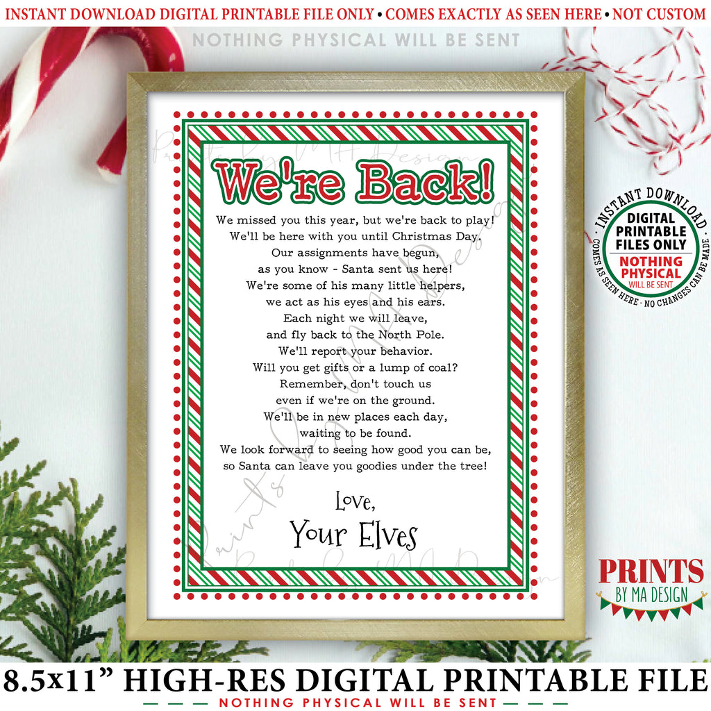 Welcome Back Letter to Kids from their Christmas Elves, We're Back Elf Letter, Santa's Elves have Returned, Instant Download PRINTABLE 8.5x11” Sign