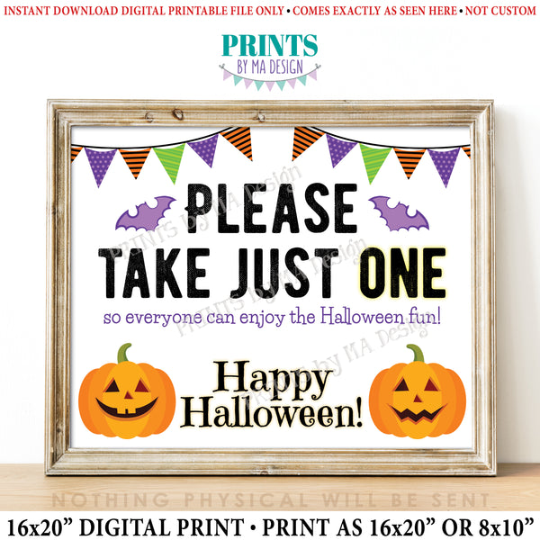Please Take One Sign, Happy Halloween Sign, Candy, Jack-O-Lantern Pumpkin, PRINTABLE 8x10/16x20” One Treat Sign, Instant Download Digital Printable File