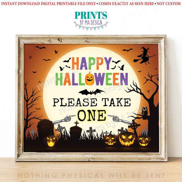 Please Take One Candy Sign, Happy Halloween Trick-Or-Treat Sign, Moon Bats Pumpkins, PRINTABLE 8x10/16x20” Please Take a Treat Sign, Instant Download Digital Printable File