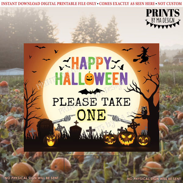 Please Take One Candy Sign, Happy Halloween Trick-Or-Treat Sign, Moon Bats Pumpkins, PRINTABLE 8x10/16x20” Please Take a Treat Sign, Instant Download Digital Printable File