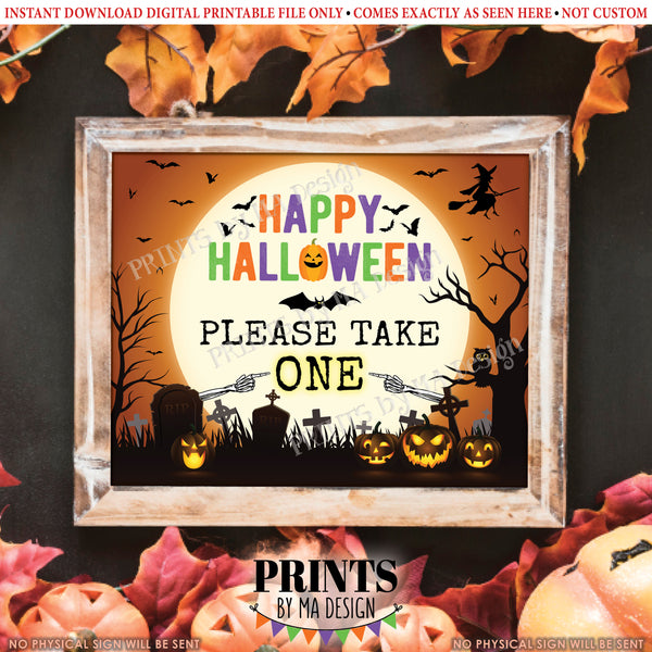 Please Take One Candy Sign, Happy Halloween Trick-Or-Treat Sign, Moon Bats Pumpkins, PRINTABLE 8x10/16x20” Please Take a Treat Sign, Instant Download Digital Printable File