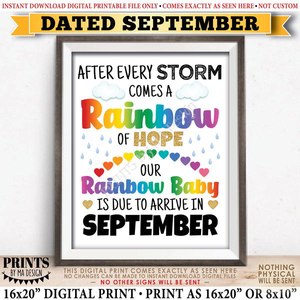 Rainbow Baby Pregnancy Announcement, Pregnant After Loss, Our Baby is Due in SEPTEMBER Dated PRINTABLE 8x10/16x20” Pregnancy Reveal Sign, Instant Download Digital Printable File