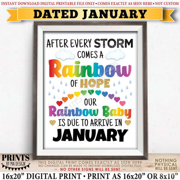 Rainbow Baby Pregnancy Announcement, Pregnant After Loss, Our Baby is Due in JANUARY Dated PRINTABLE 8x10/16x20” Pregnancy Reveal Sign, Instant Download Digital Printable File