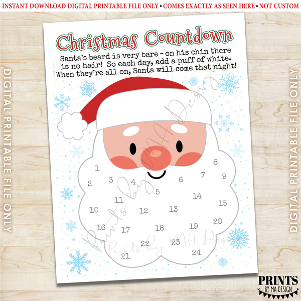 Countdown to Christmas, Glue Cotton Balls on Santa's Beard Countdown Calendar, Instant Download PRINTABLE 8.5x11” Xmas Sign