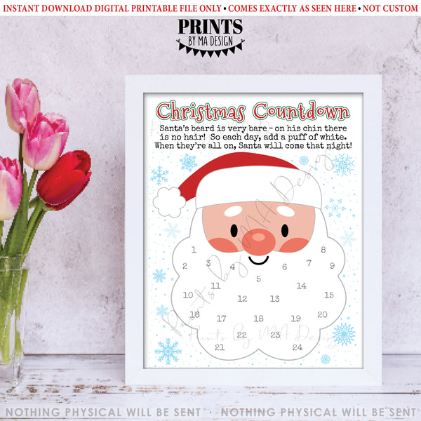 Countdown to Christmas, Glue Cotton Balls on Santa's Beard Countdown Calendar, Instant Download PRINTABLE 8.5x11” Xmas Sign