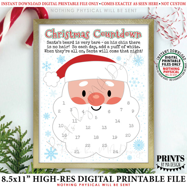 Countdown to Christmas, Glue Cotton Balls on Santa's Beard Countdown Calendar, Instant Download PRINTABLE 8.5x11” Xmas Sign