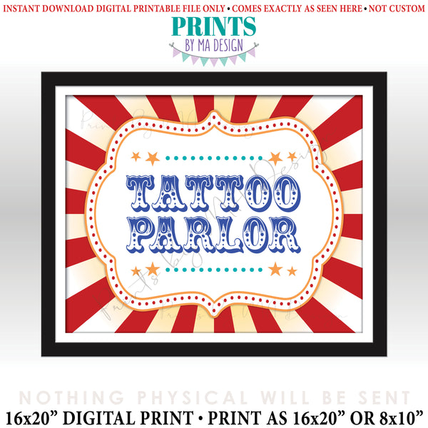 Tattoo Parlor Sign, Carnival Tattoo Studio, Circus Activities & Games, Birthday Party, Fesitval, Picnic, PRINTABLE 8x10/16x20” Sign, Instant Download Digital Printable File