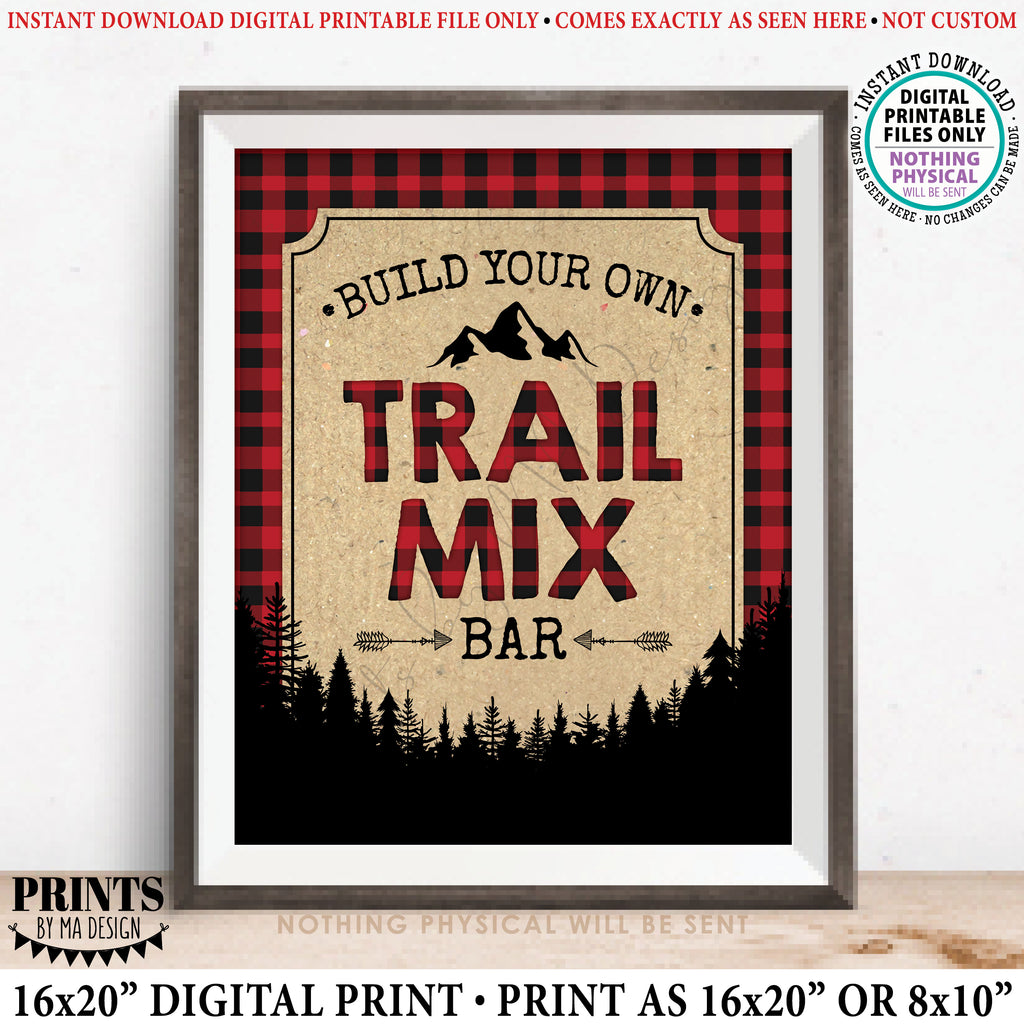 Trail Mix Bar Sign, Build Your Own Trail Mix Lumberjack Style Sign, Red Checker Buffalo Plaid, Red & Black Checker Buffalo Plaid, PRINTABLE 8x10/16x20” Sign, Instant Download Digital Printable File