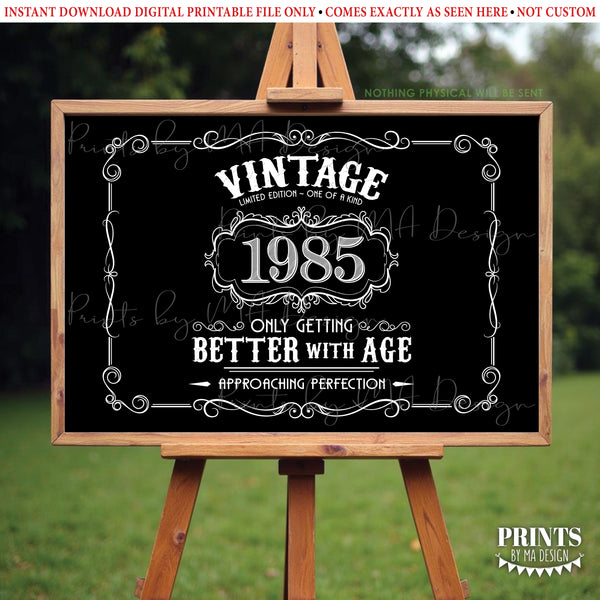 1985 Birthday Sign, Vintage Better with Age Poster, Whiskey Theme Decoration, PRINTABLE 24x36” Black & White Landscape 1985 Sign, Instant Download Digital Printable File