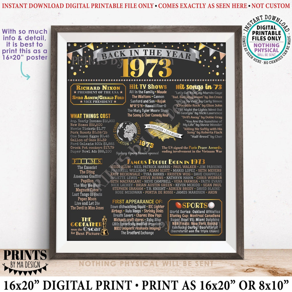 Back in the Year 1973 Poster Board, Remember 1973 Sign, Flashback to 1973 USA History from 1973, PRINTABLE 16x20” Sign, Instant Download Digital Printable File