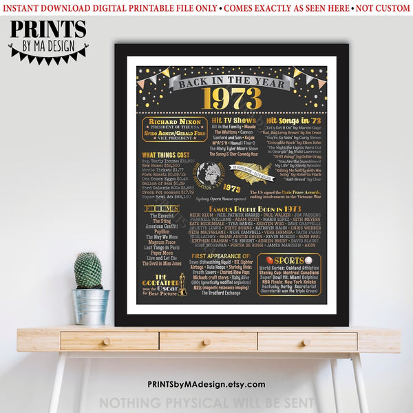 Back in the Year 1973 Poster Board, Remember 1973 Sign, Flashback to 1973 USA History from 1973, PRINTABLE 16x20” Sign, Instant Download Digital Printable File