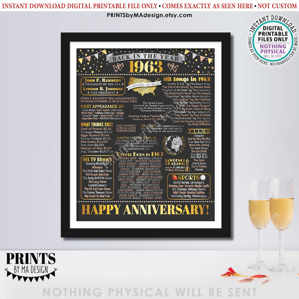 Back in the Year 1963 Anniversary Sign, Flashback to 1963 Anniversary Decor, Anniversary Gift, PRINTABLE 16x20” Poster Board