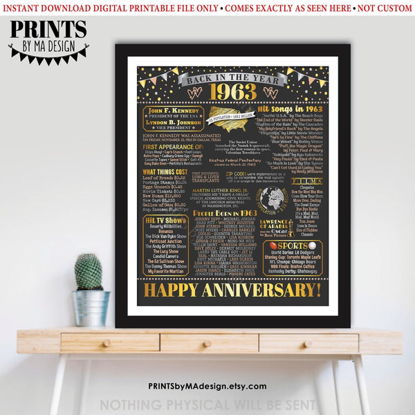 Back in the Year 1963 Anniversary Sign, Flashback to 1963 Anniversary Decor, Anniversary Gift, PRINTABLE 16x20” Poster Board