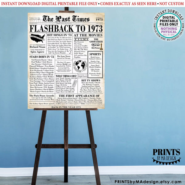 Flashback to 1973 Newspaper, Back in the Year '73 USA History from 1973 Party Decoration or Gift, PRINTABLE 16x20” Sign, Old Newsprint, Instant Download Digital Printable File