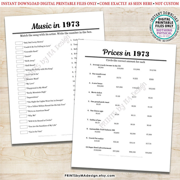 1973 Party Games, Back in the Year 1973 Trivia, Flashback to '73 Games Bundle, Birthday or Anniversary, Five PRINTABLE 8.5x11" Games