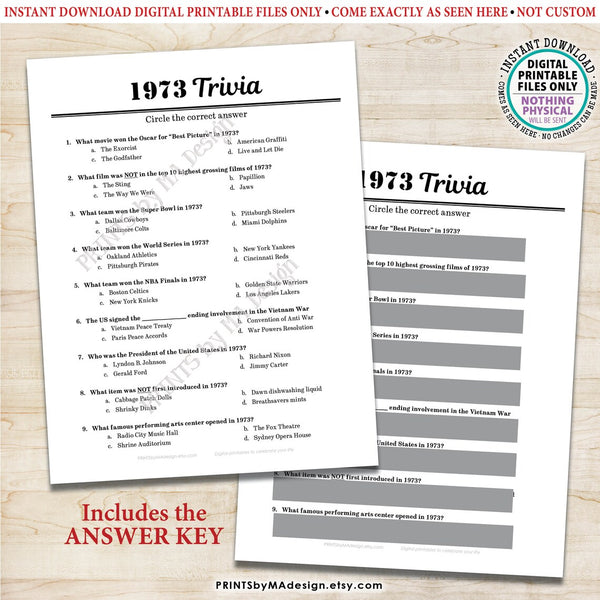 1973 Party Games, Back in the Year 1973 Trivia, Flashback to '73 Games Bundle, Birthday or Anniversary, Five PRINTABLE 8.5x11" Games