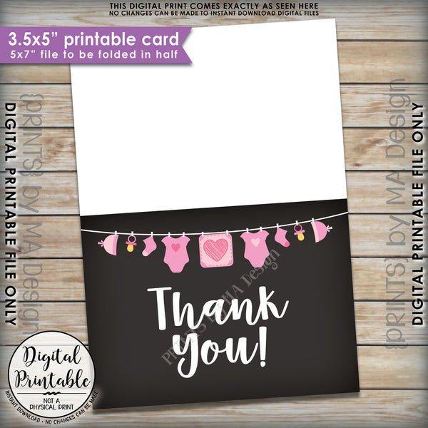 Baby Shower Thank You Card, Pink Baby Thank You Card, Printable Thank Yous, It's a Girl, 3.5x5" folded card, 5x7" Printable Instant Download - PRINTSbyMAdesign