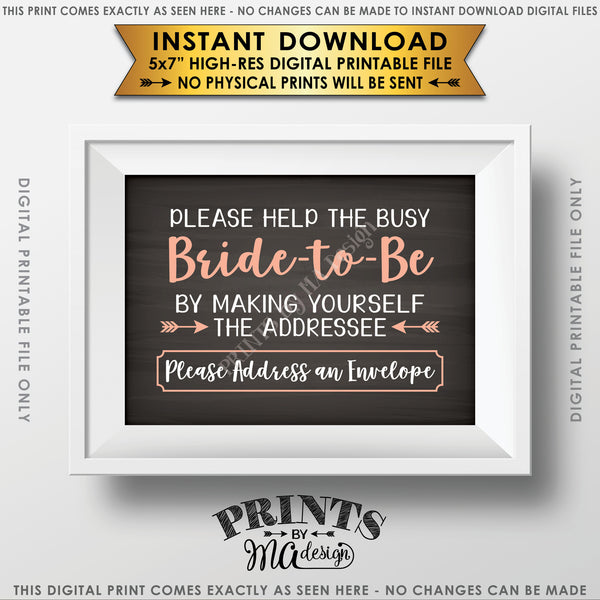 Address Envelope Bridal Shower Sign, Help the Bride by Addressing an Envelope, Be the Addressee, White & Peach Text, Chalkboard Style Instant Download 5x7” Printable Sign - PRINTSbyMAdesign