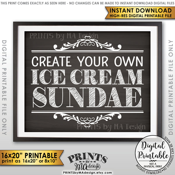 Sundae Sign, Create Your Own Ice Cream Sundae Bar, Ice Cream Bar, Instant Download 8x10/16x20” Chalkboard Style Printable File - PRINTSbyMAdesign