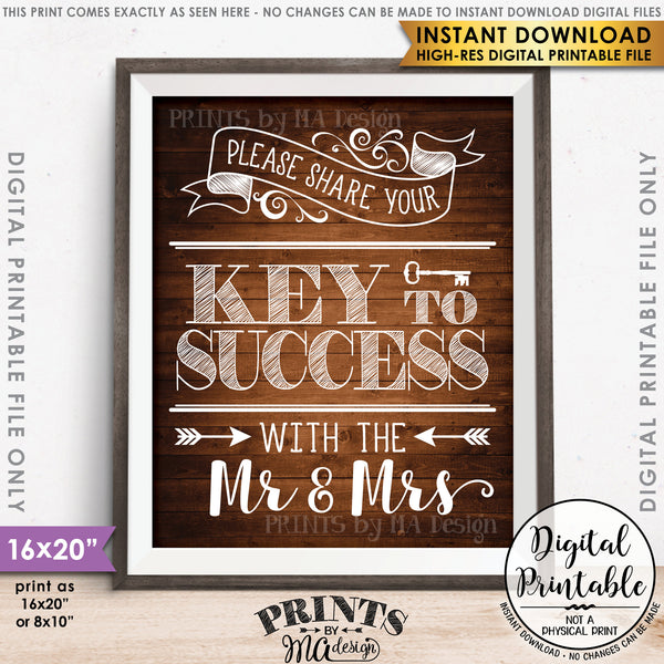 Marriage Advice Sign, Please Share your Key to Success with the Mr & Mrs Wedding Sign Rustic Wood Style 8x10/16x20" Instant Download Printable File - PRINTSbyMAdesign