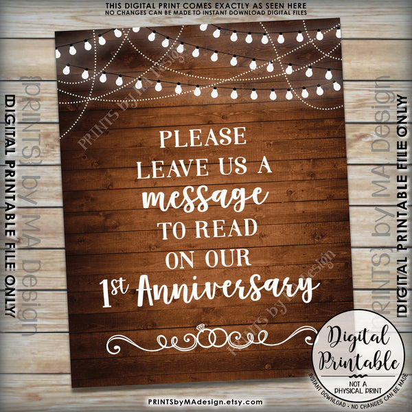 Please Leave Us a Message to Read on Our First Anniversary Wedding Sign, 1st Anniversary Message, 8x10” Rustic Wood Style Printable Instant Download - PRINTSbyMAdesign