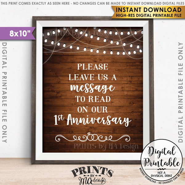 Please Leave Us a Message to Read on Our First Anniversary Wedding Sign, 1st Anniversary Message, 8x10” Rustic Wood Style Printable Instant Download - PRINTSbyMAdesign