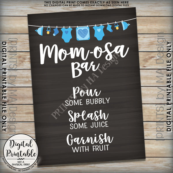 Mom-osa Bar Sign, MOMosa Sign, Mimosa Baby Shower, Make a Mimosa Decor, Preggatini, Blue 5x7” Chalkboard Style Printable Instant Download - PRINTSbyMAdesign