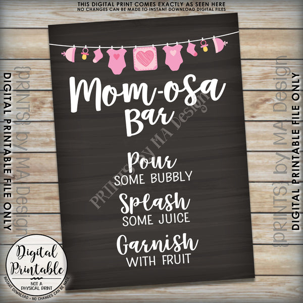 Mom-osa Bar Sign, MOMosa Sign, Mimosa Baby Shower, Make a Mimosa Decor, Preggatini, Pink 5x7” Chalkboard Style Printable Instant Download - PRINTSbyMAdesign