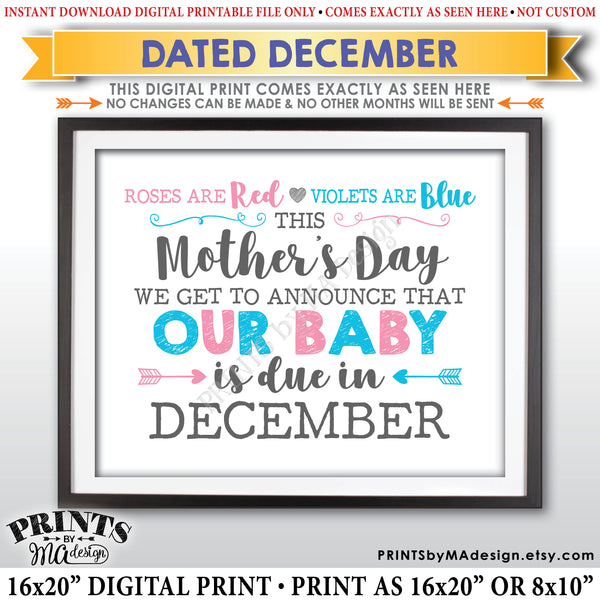 Mother's Day Pregnancy Announcement Sign, Roses are Red Violets Blue Our Baby is Due in DECEMBER Dated PRINTABLE Baby Reveal Sign <Instant Download> - PRINTSbyMAdesign