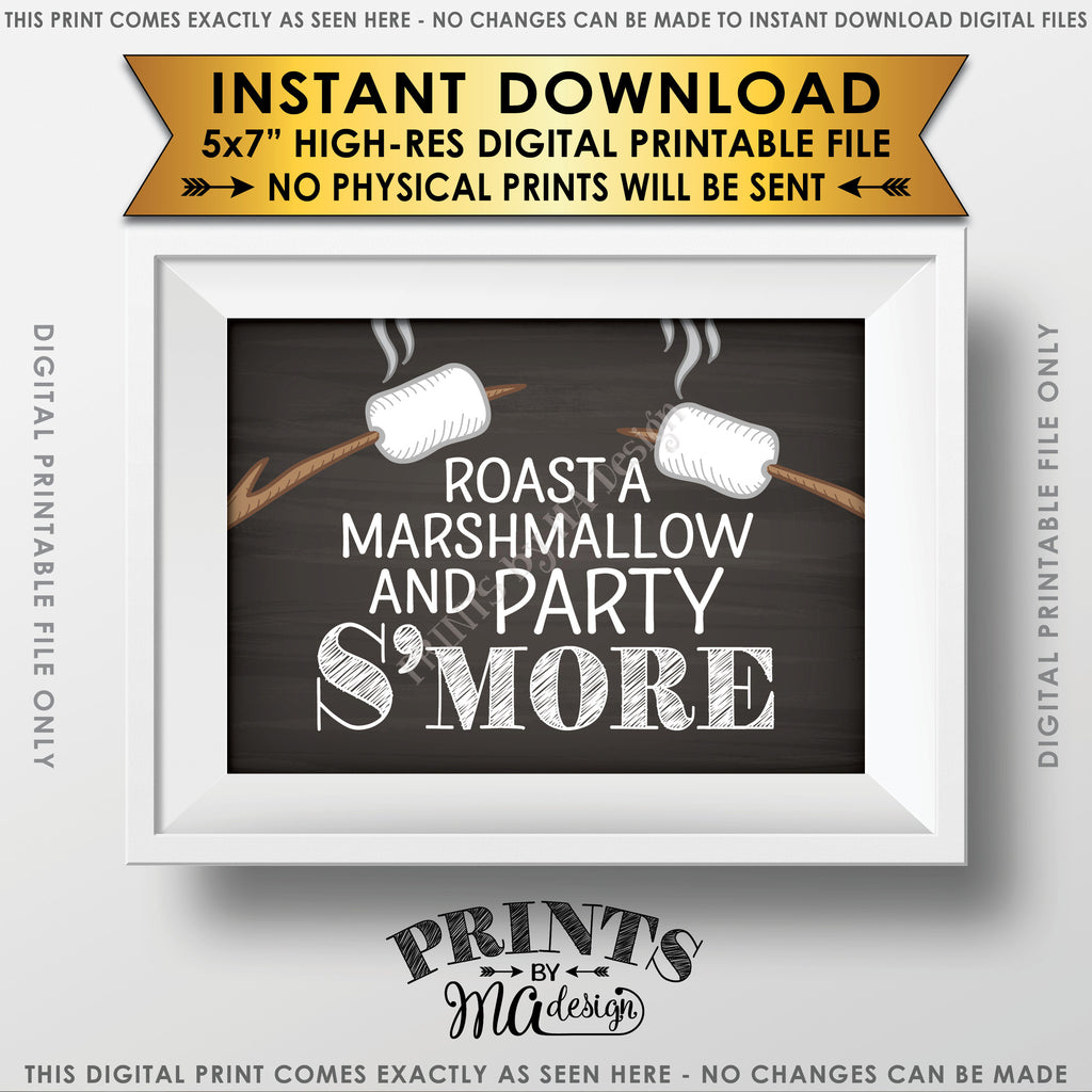 S'more Sign, Campfire Party Smore, Roast S'mores Wedding, Birthday, Graduation, Sweet 16, Instant Download 5x7” Chalkboard Style Printable Sign - PRINTSbyMAdesign