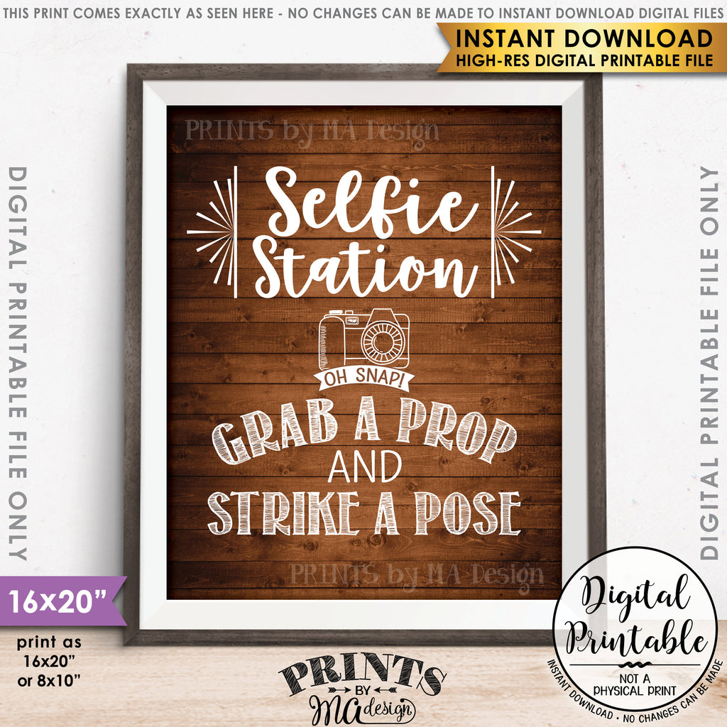 Selfie Station Sign, Grab a Prop and Strike a Pose Selfie Sign, Photobooth Sign, Instant Download 8x10/16x20” Brown Rustic Wood Style Printable File - PRINTSbyMAdesign